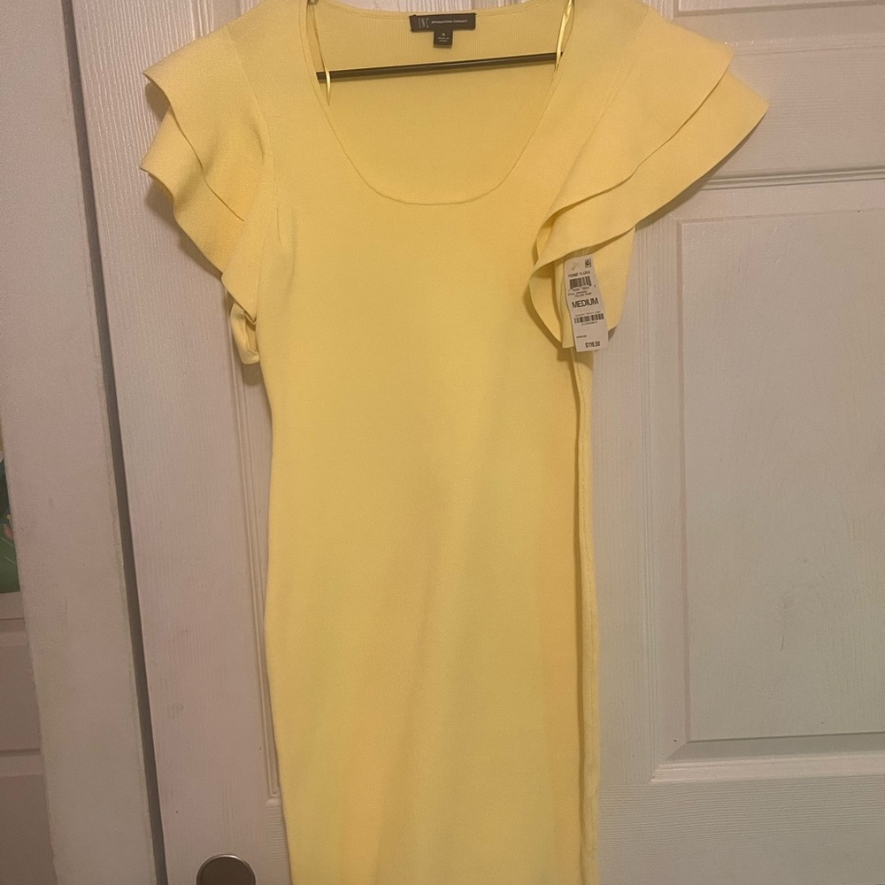 “New” Never Worn INC International Concepts Yellow Ruffled Ribbed Midi Dress